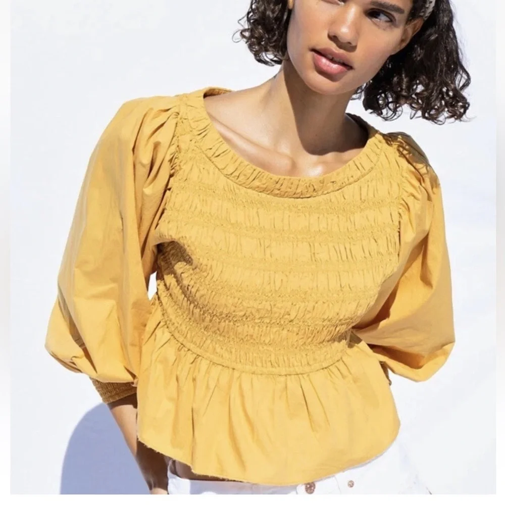 Free People Yellow Smocked Poplin Off The Shoulder Top SP Puff Sleeve Boho